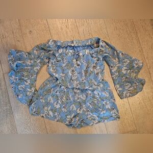 Womens Blue Floral Romper XS/ S Boho One Piece Shorts Lined Ruffle Elastic Waist